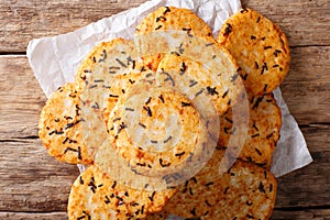 Japanese homemade rice cakes with seaweed close-up. Horizontal t