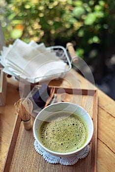 Japanese hot green tea and wire whisk made of bamboo