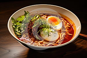 japanese hot ramen noodle with egg on wooden table, Embark on a spicy ramen adventure with a steaming bowl of noodles, vibrant