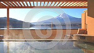 Japanese hot spring with view of the mountain Fuji photo