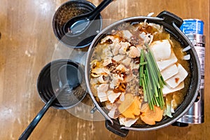 Japanese hotpot buta akakara nabe with pork and spicy soup