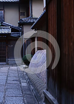 Japanese house architecture elements consisting of walls and stone pathways