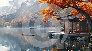 Japanese House stands on a pier near a lake with a boat in the water