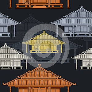 Japanese House Vector Illustration With Dark Background Seamless Pattern