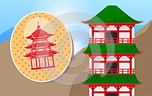 Japanese house vector illustration. Japanese traditional architecture of buildings on a mountaine