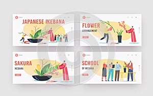 Japanese Ikebana Landing Page Template Set. Female Character in Traditional Japan Kimono Create Floristic Composition