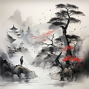 Japanese Ink Wash Flower Painting
