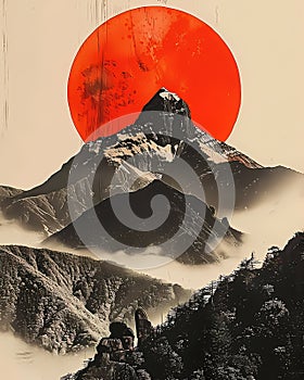 Japanese-Inspired Abstract Mountain Landscape with Geometric Red Circle and Minimalist Collage Elements