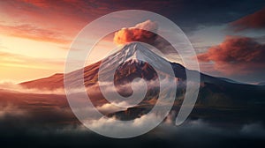 Japanese Inspired 3d Animations Oscuro Cloud, Volcano Sunrise In 4k photo