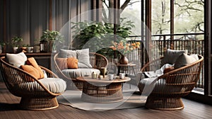 Japanese-inspired Rattan Living Room Set With Vray Tracing And Earthy Naturalism