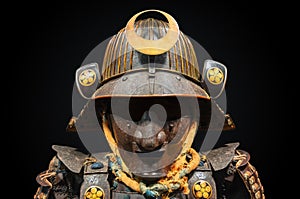 Japanese Kabuto helmet featuring facial armor embellished with golden plum crests.