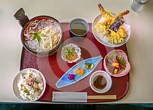 Japanese Kaisen Meal, tempura, noodle, rice, and pickles.