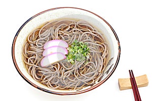 Japanese Kake soba noodles in a ceramic bowl