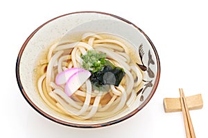 Japanese Kake udon noodles in a ceramic bowl