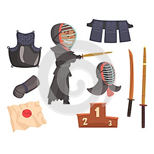 Japanese kendo sword martial arts fighter, armor and equipment. Modern Japanese martial art. Cartoon detailed colorful