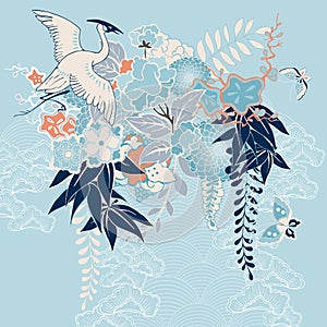 Japanese kimono motif with crane and flowers