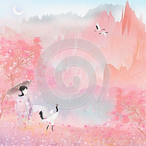 Japanese kimono women`s mountaineering tourism look at the wind light cloud light illustration packaging