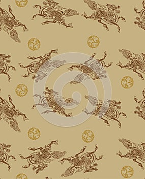 Japanese Kirin Mythical Dragon Horse Seamless Pattern