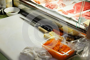 Japanese Kitchen Area for Cooking Sushi and Sashimi with Knives