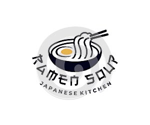 Japanese kitchen, ramen soup, noodles with egg, logo design. Food, restaurant, catering and canteen, vector design