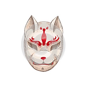 Japanese Kitsune fox mask. Vintage vector hatching