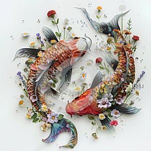Japanese koi carp made from wildflowers on a white background. Romantic illustration of Japanese fish carps concept of lightness, photo