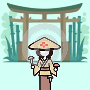 Japanese lady hold mushroom red gateway vector design illustration
