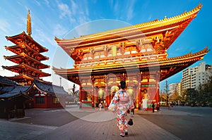 Japanese lady in Kimono dress walking in Sensoji Temple