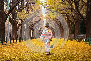 Japanese lady walk in yollow Ginko avenue