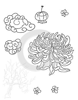 Japanese lamp and cloud with flower for printing on paper and for tattoo design.