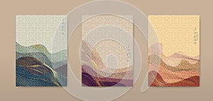 Japanese landscape background set cards, old line wave pattern vector illustration. Vintage luxury Abstract template geometric