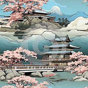 a japanese landscape with cherry trees and a bridge