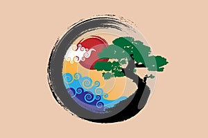 Japanese landscape on Enso Zen Circle, Bonsai Tree and big red sun, hand-drawn with colorful ink in traditional oriental style