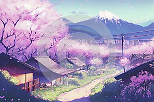 Japanese landscape with Japanese house and sakura cherry tree in blossom, ai illustration