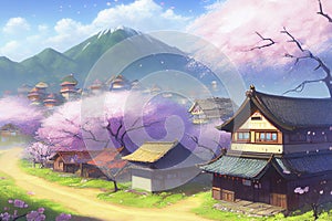 Japanese landscape with Japanese house and sakura cherry tree in blossom, ai illustration