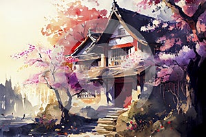 Japanese landscape with Japanese house and sakura cherry tree in blossom, ai illustration