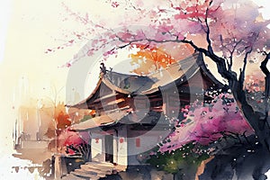 Japanese landscape with Japanese house and sakura cherry tree in blossom, ai illustration