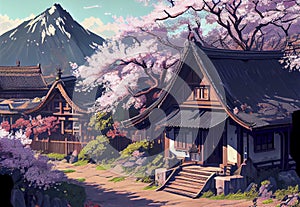 Japanese landscape with Japanese house and sakura cherry tree in blossom, ai illustration