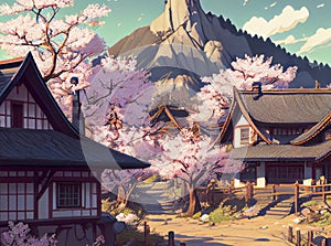 Japanese landscape with Japanese house and sakura cherry tree in blossom, ai illustration