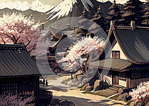Japanese landscape with Japanese house and sakura cherry tree in blossom, ai illustration