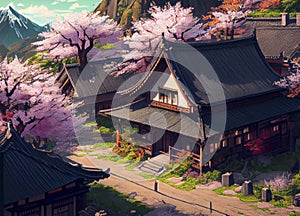 Japanese landscape with Japanese house and sakura cherry tree in blossom, ai illustration