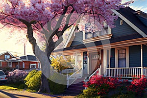 Japanese landscape with Japanese house and sakura cherry tree in blossom, ai illustration