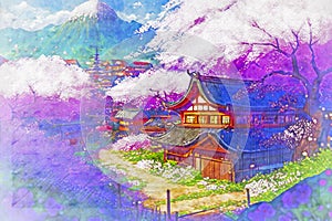 Japanese landscape with Japanese house and sakura cherry tree in blossom, illustration