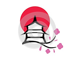 Japanese Landscape with Pagoda, Sakura Flowers and a Red Circle as a Symbolization of Japan