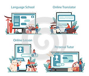 Japanese learning online service or platform set. Language school