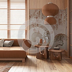 Japanese living room with wallpaper and wooden walls in orange and beige tones. Parquet floor, fabric sofa, carpets and decors.