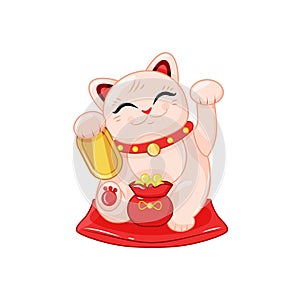 Japanese lucky cat with a bag of gold coins. Maneki neko. The symbol of wealth. Vector illustration