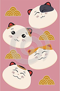 Japanese lucky cat head with curved clouds set vector flat Asian culture fortune feline muzzle