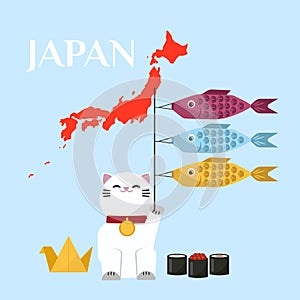 Japanese lucky cat holding three fishes and Japan red map vector illustration. Japanese Maneki Neco cat waving hand paw