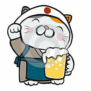 Japanese lucky cat Maneki Neko with beer mug cartoon vector